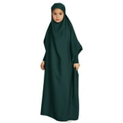 LUOGENLI Dress for Girls Children Fashion Casual Large Swing Solid Color National Middle Hooded Bat Sleeve Dress Girls Easter Dresses Size 5/6 Dark Green 12-13 Years